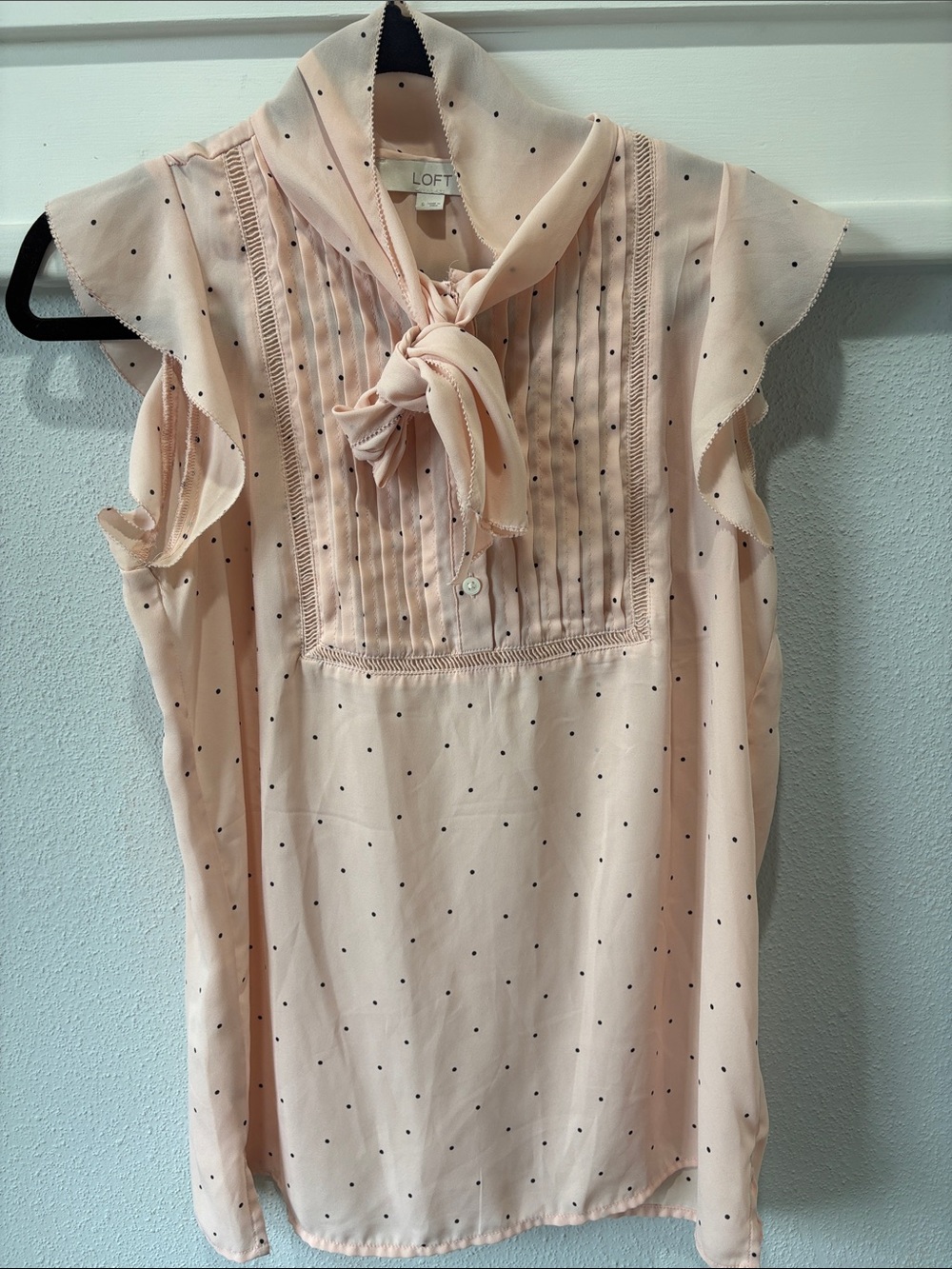 LOFT Cream Blush Polka Dot Tie-Neck Dress